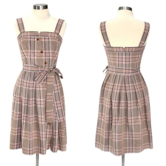 Gal Meets Glam Madison Tie Front Dress Retro 60s Apron Pinafore Plaid Pink Sz 10 - Picture 14 of 14